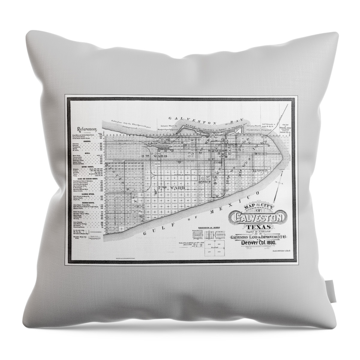 Texas Map Throw Pillow featuring the photograph Historical Map City of Galveston Texas 1890 Black and White by Carol Japp