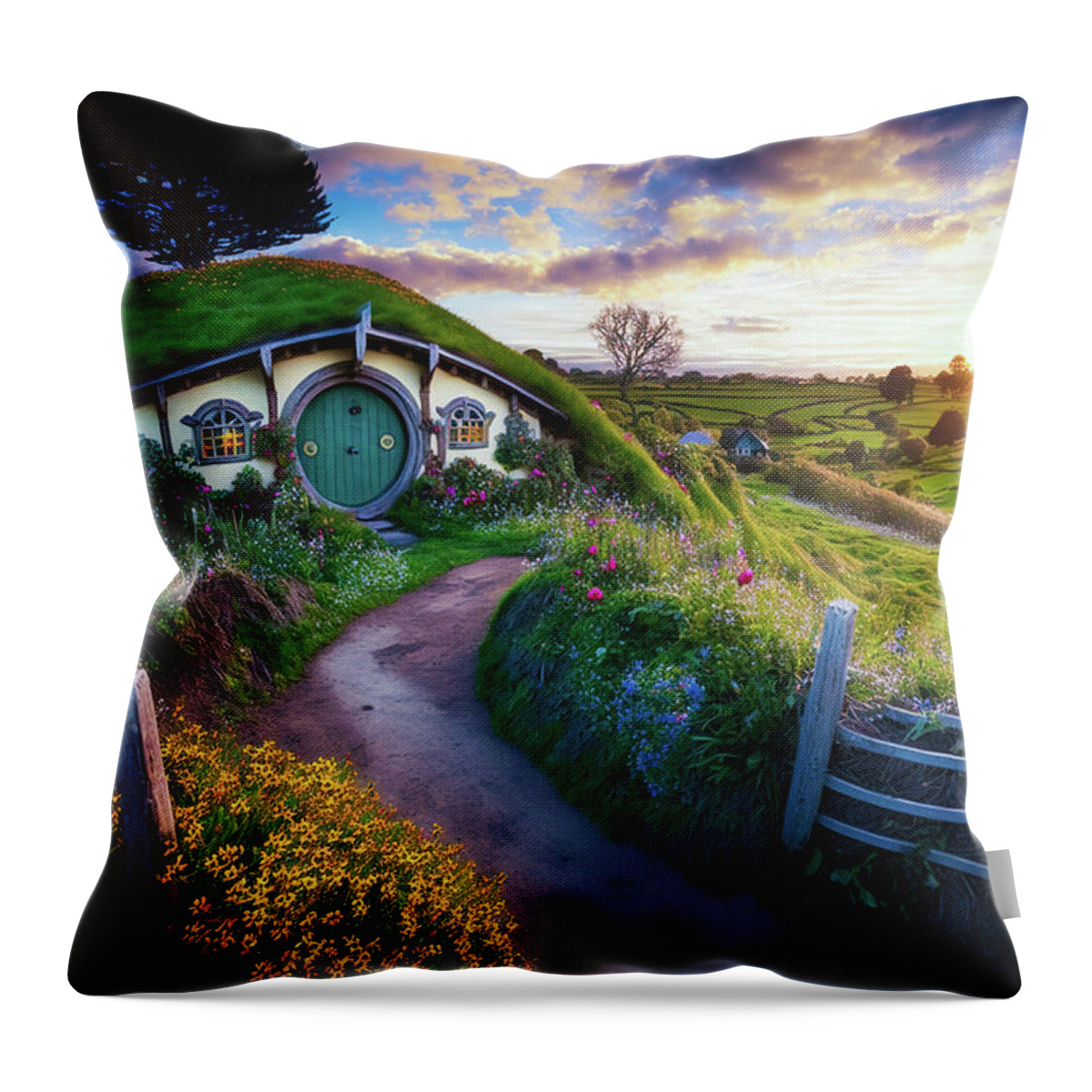 Travel Throw Pillow featuring the digital art Hobbiton in New Zealand by Billy Bateman