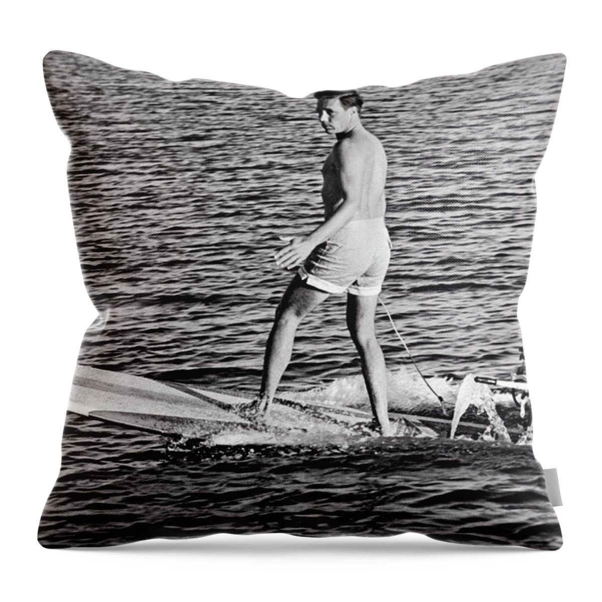 1960 Throw Pillow featuring the photograph Hobie Alter Surfboard Motor by Underwood Archives
