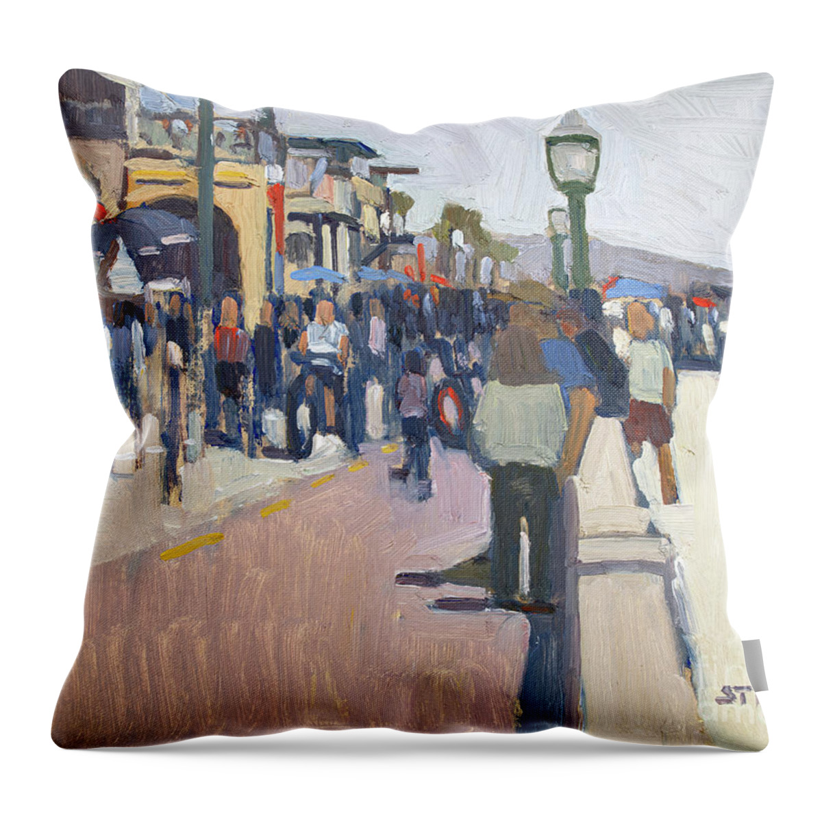 Mission Beach Throw Pillow featuring the painting Holiday Weekend at Mission Beach - San Diego, California by Paul Strahm