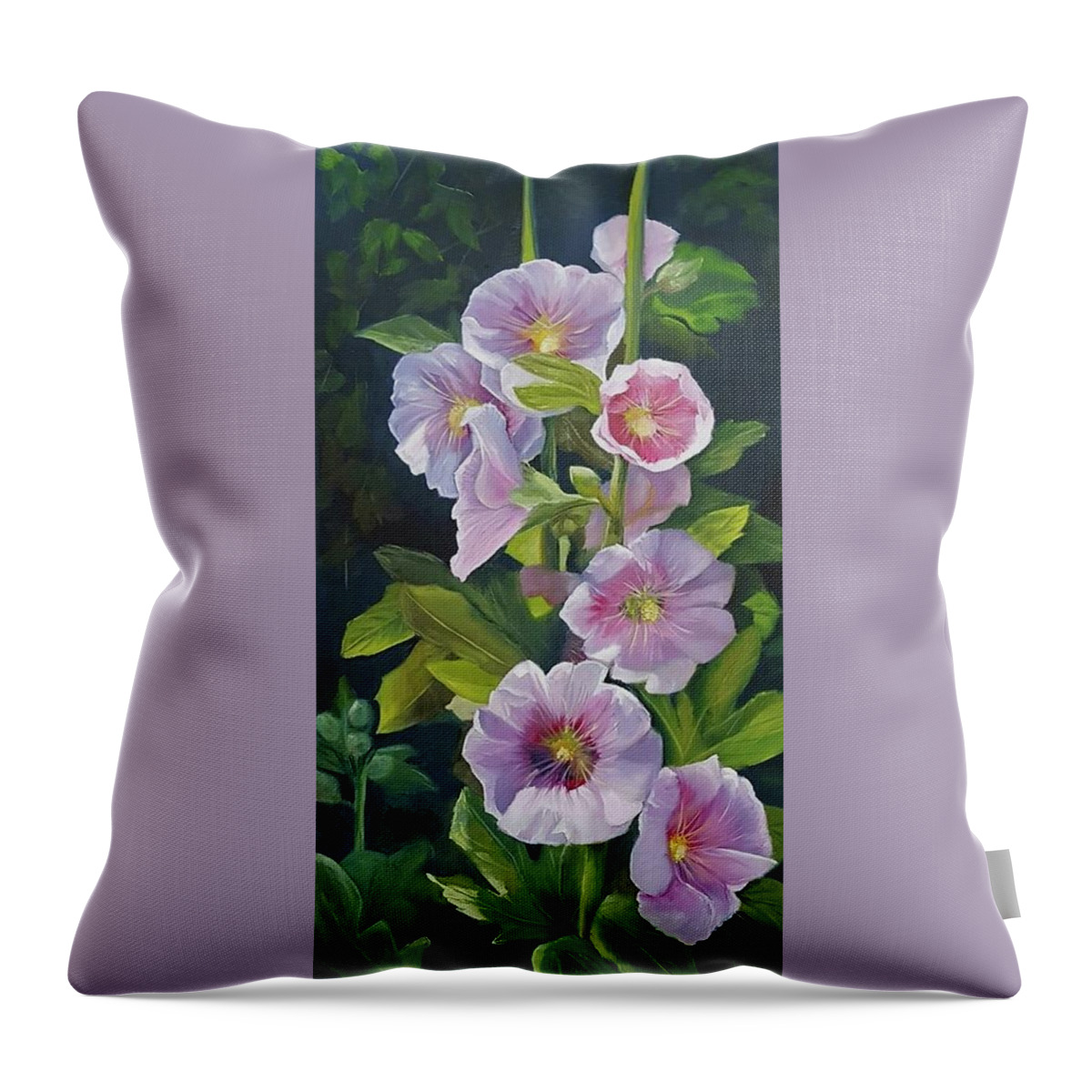 Hollyhocks Throw Pillow featuring the painting Hollhock Tower by Connie Rish