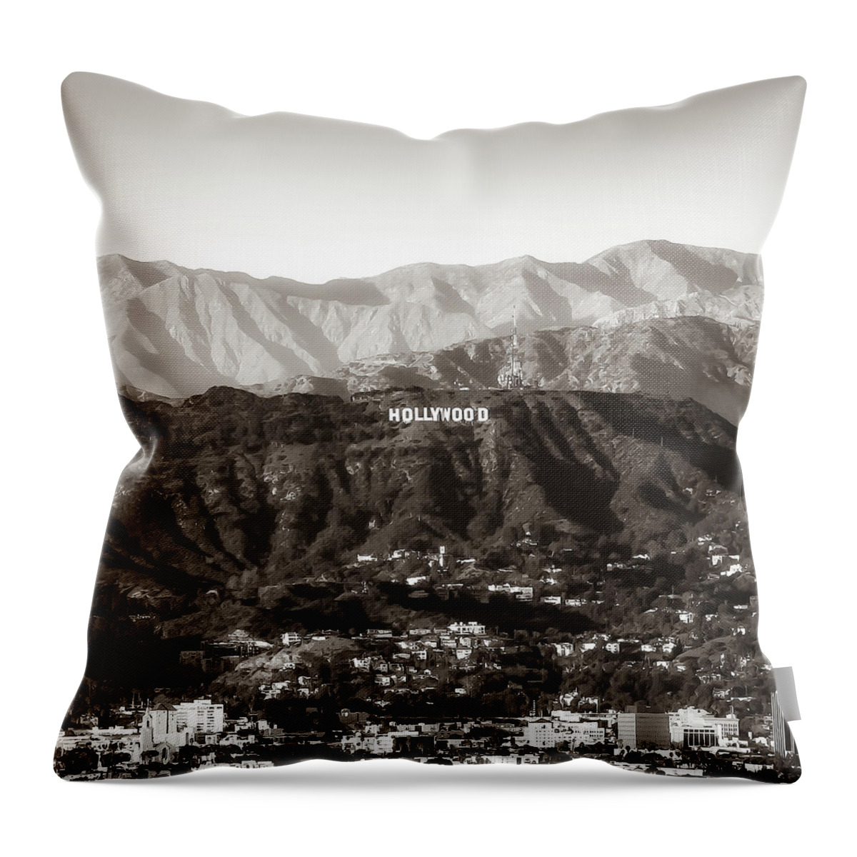 California Throw Pillow featuring the photograph Hollywood Hills On The Santa Monica Mountains - Sepia Square Format by Gregory Ballos