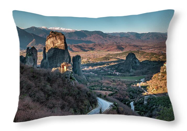 Meteora Throw Pillow featuring the photograph Holy rocks by Elias Pentikis