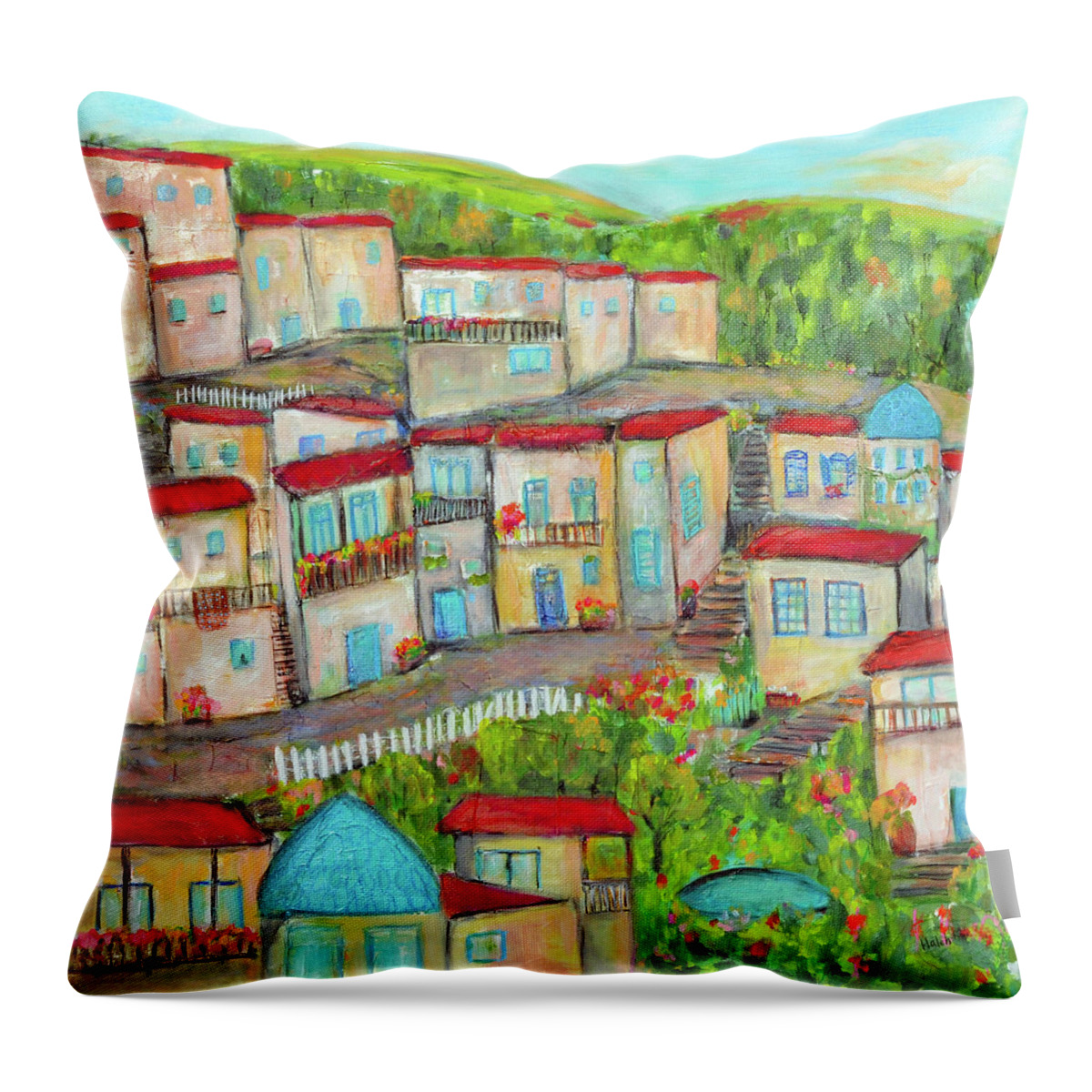 Village Painting Throw Pillow featuring the painting Masuleh by Haleh Mahbod