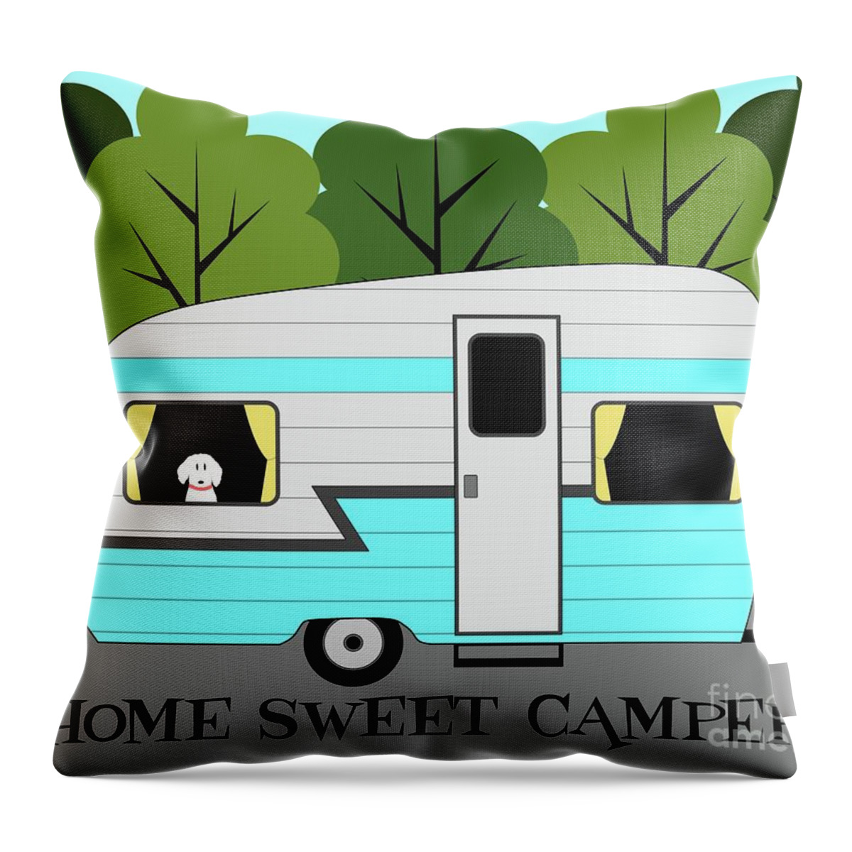 Vintage Camper Throw Pillow featuring the digital art Home Sweet Camper with Dog by Donna Mibus