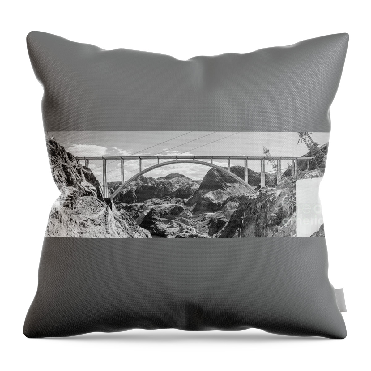 America Throw Pillow featuring the photograph Hoover Dam Bridge Black and White Panorama Picture by Paul Velgos