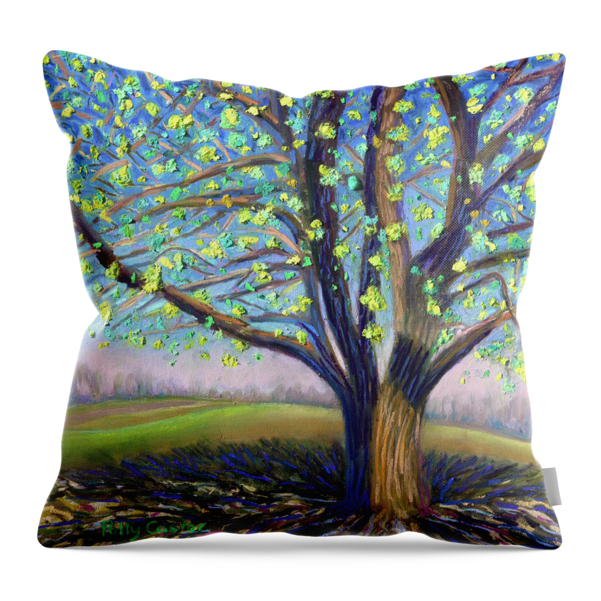 First Spring Leaves Throw Pillow featuring the painting Hope for Spring by Polly Castor