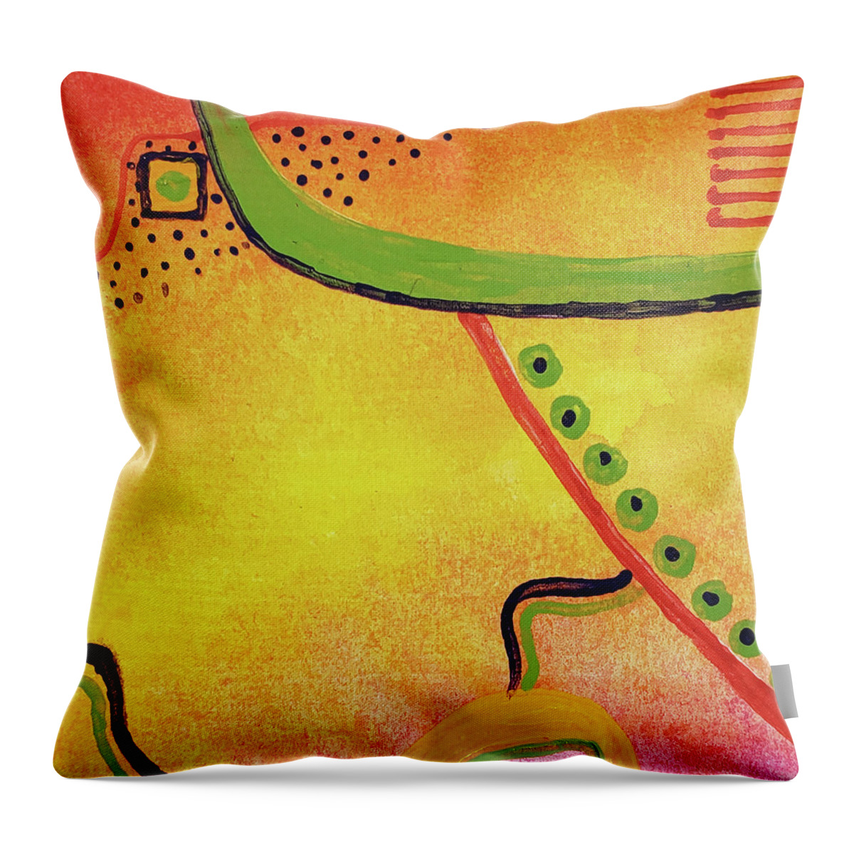 Yellow Throw Pillow featuring the painting HOPI TRAIL Abstract In Yellow Red Pink Green Dots by Lynnie Lang