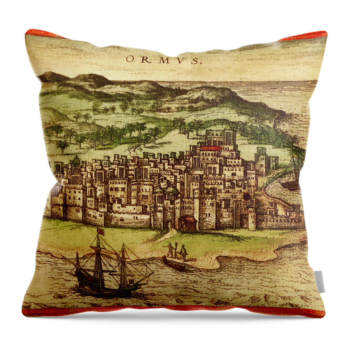 City Throw Pillow featuring the drawing Hormuz Persia Iran by Braun Hogenberg