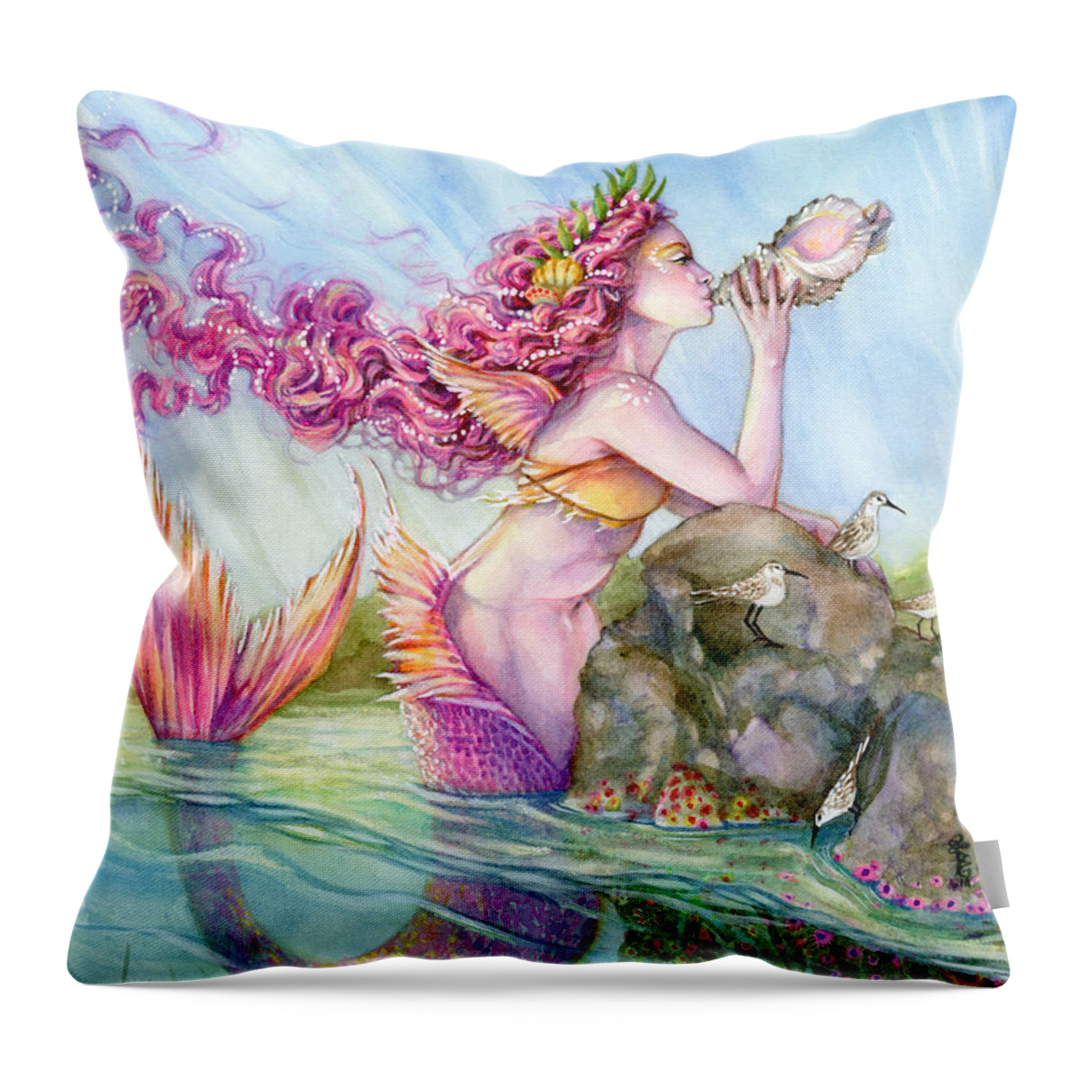 Mermaid Throw Pillow featuring the painting Horn of Beginning by Sara Burrier