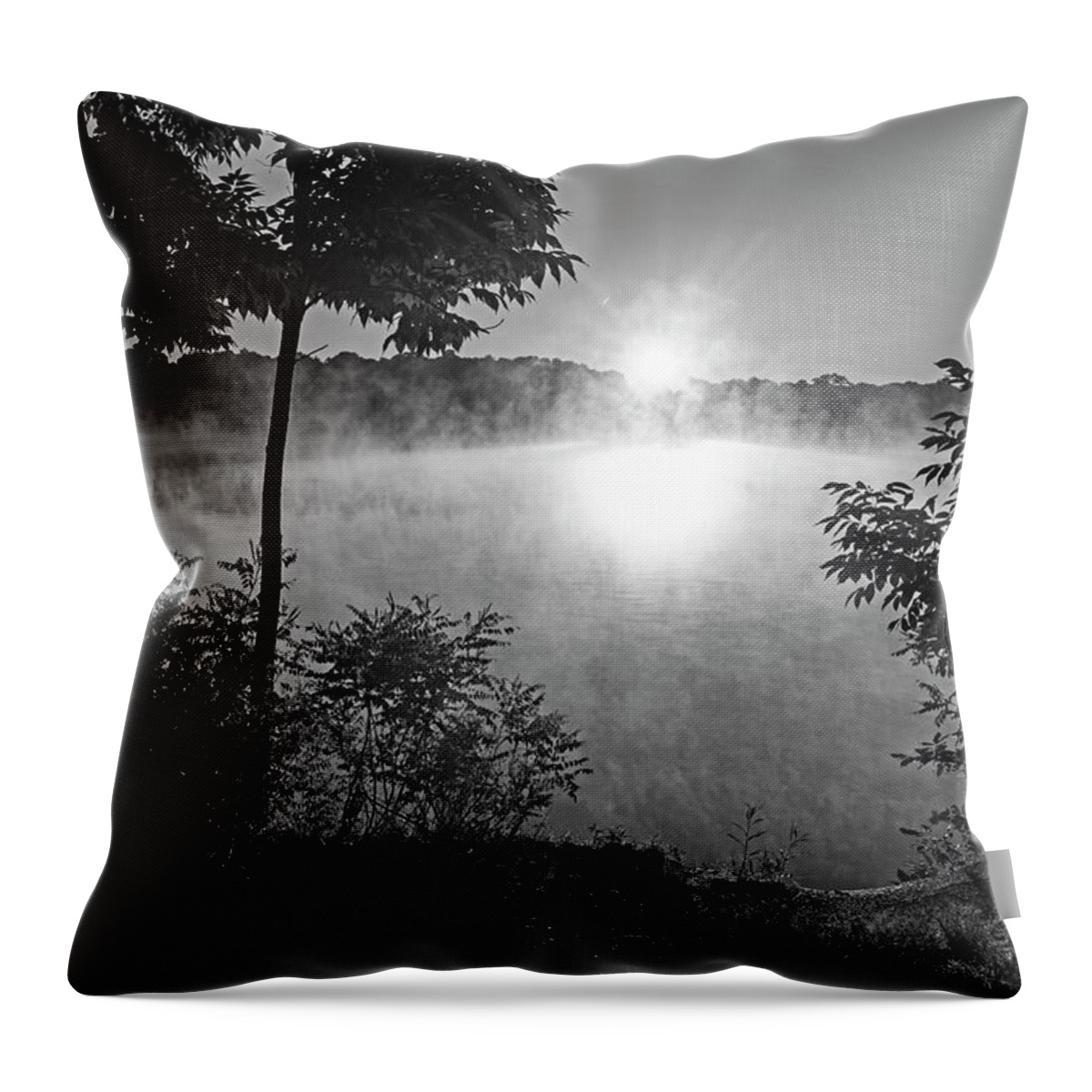 Woburn Throw Pillow featuring the photograph Horn Pond Sunrise in Woburn Massachusetts Mist Black and White by Toby McGuire