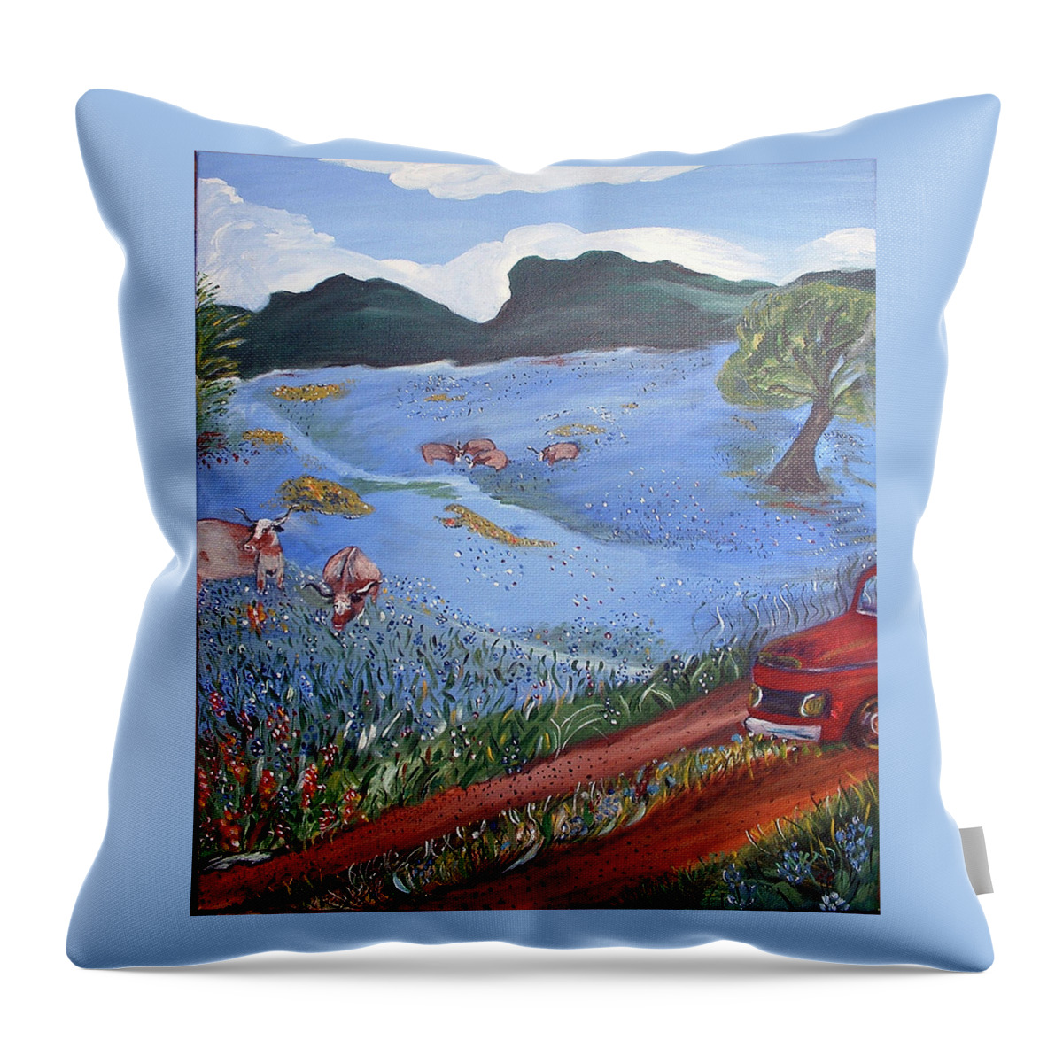 Landscape Throw Pillow featuring the painting Horns in Bluebonnets by Genevieve Holland