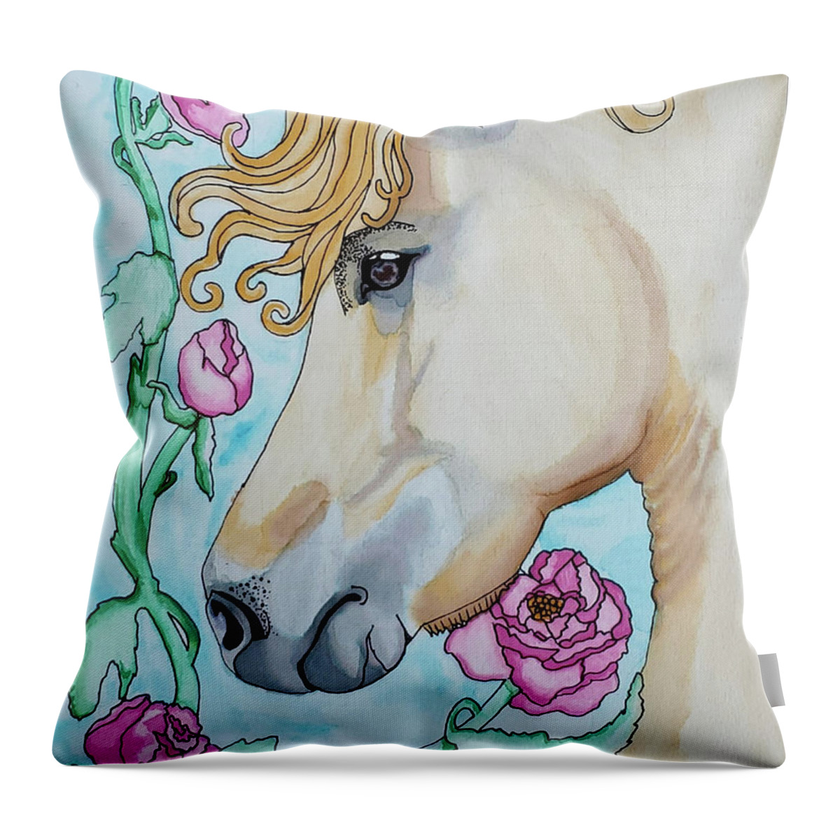 Watercolor Painting Throw Pillow featuring the painting Horse and Roses by Equus Artisan