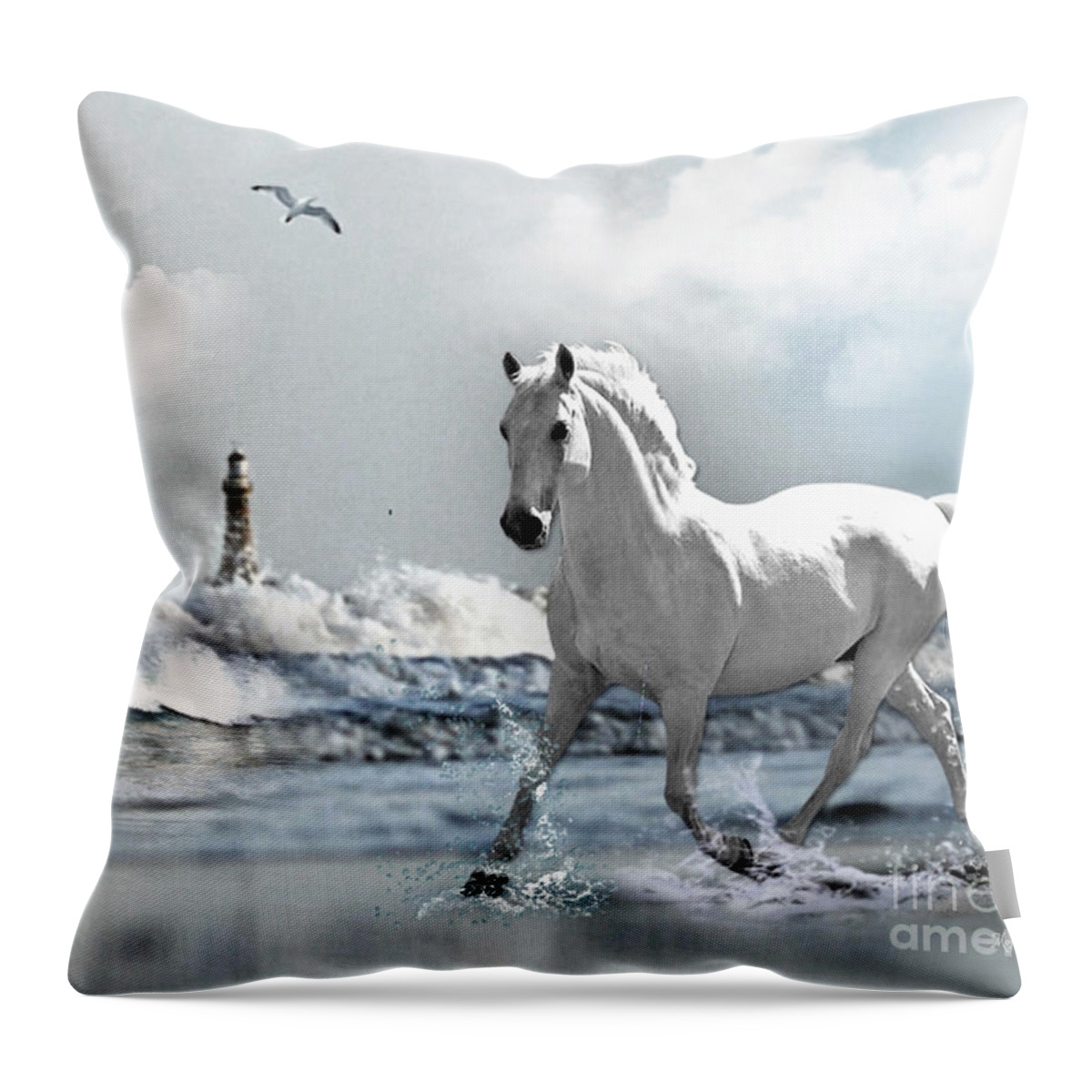 Sunderland Greeting Cards Throw Pillow featuring the mixed media Run Free - Roker Pier Sunderland by Morag Bates