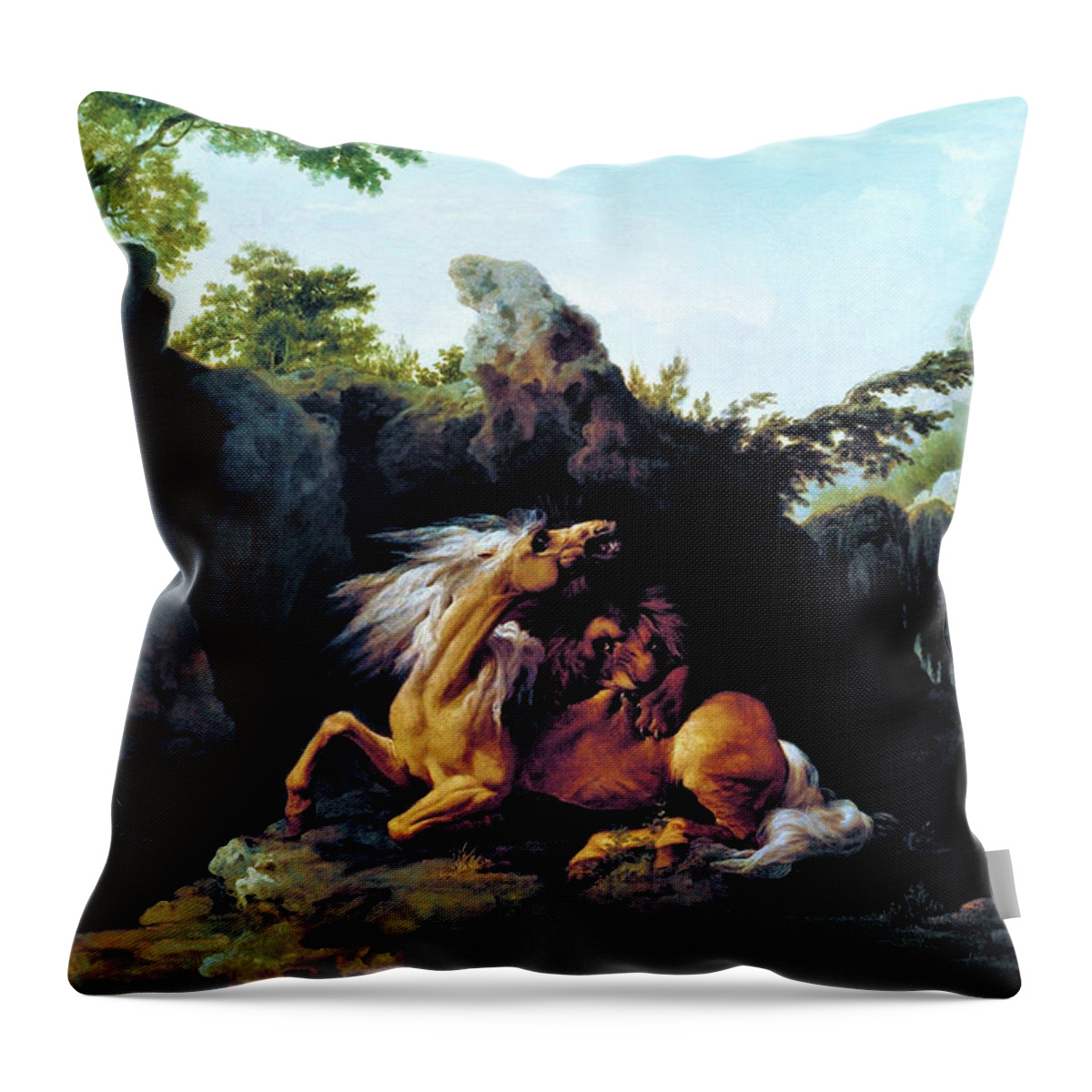 Horse Devoured By A Lion Throw Pillow featuring the painting Horse Devoured by a Lion - Digital Remastered Edition by George Stubbs