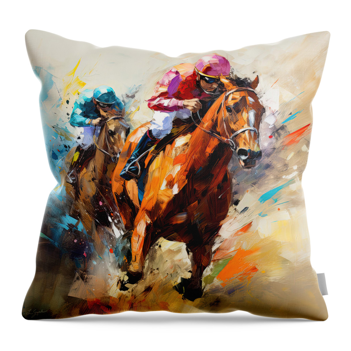 Horse Racing Throw Pillow featuring the digital art Horse Racing III - Colorful Horse Racing Artwork by Lourry Legarde