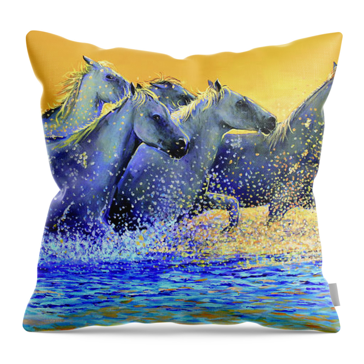 Horses Throw Pillow featuring the painting Horses Running the Beach at Sunset by Karl Wagner