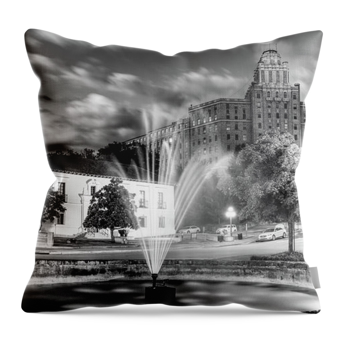 America Throw Pillow featuring the photograph Hot Springs Arkansas Skyline and Fountain Panorama - Black and White by Gregory Ballos