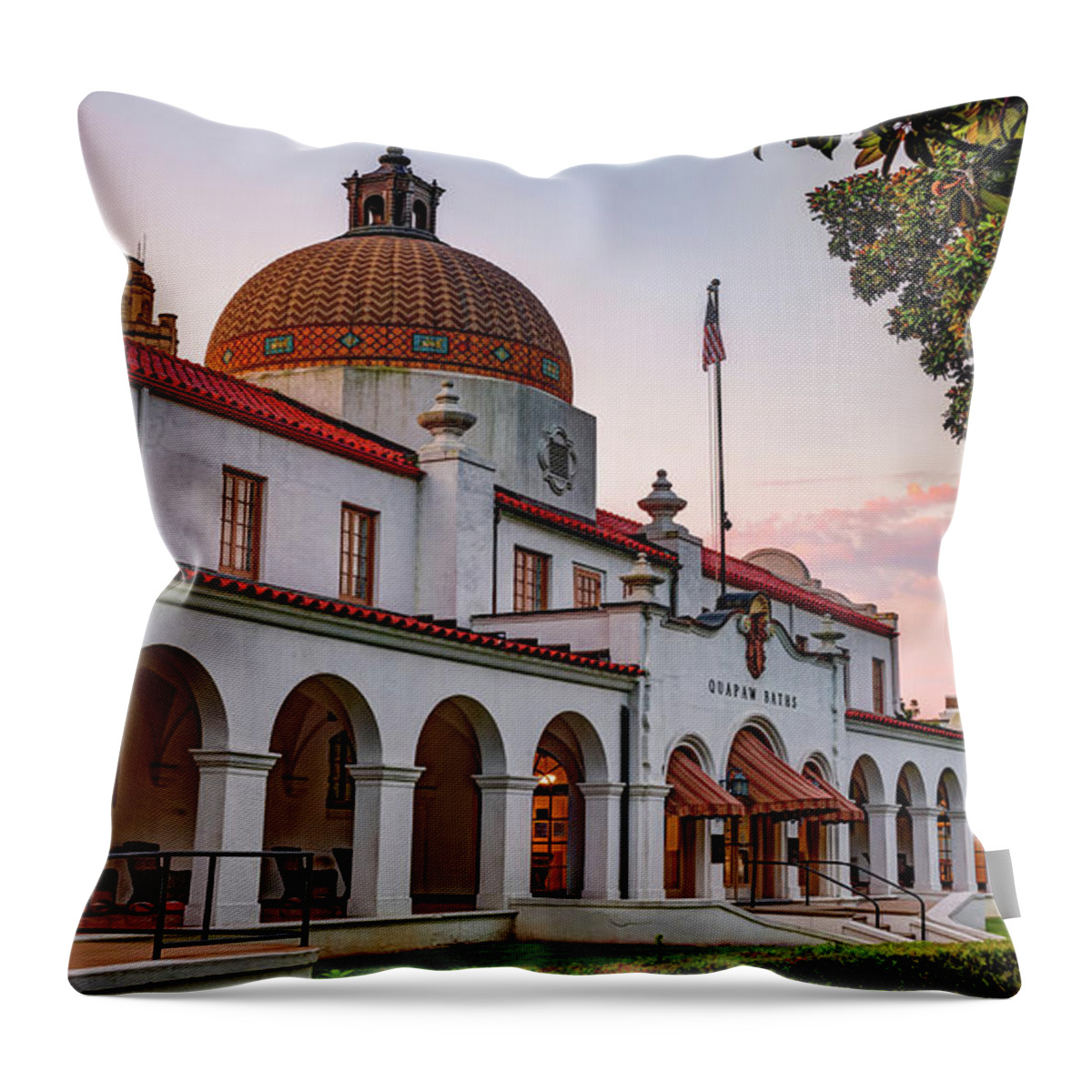 Hot Springs Throw Pillow featuring the photograph Hot Springs Bathhouse Row Skyline Panorama at Sunrise by Gregory Ballos