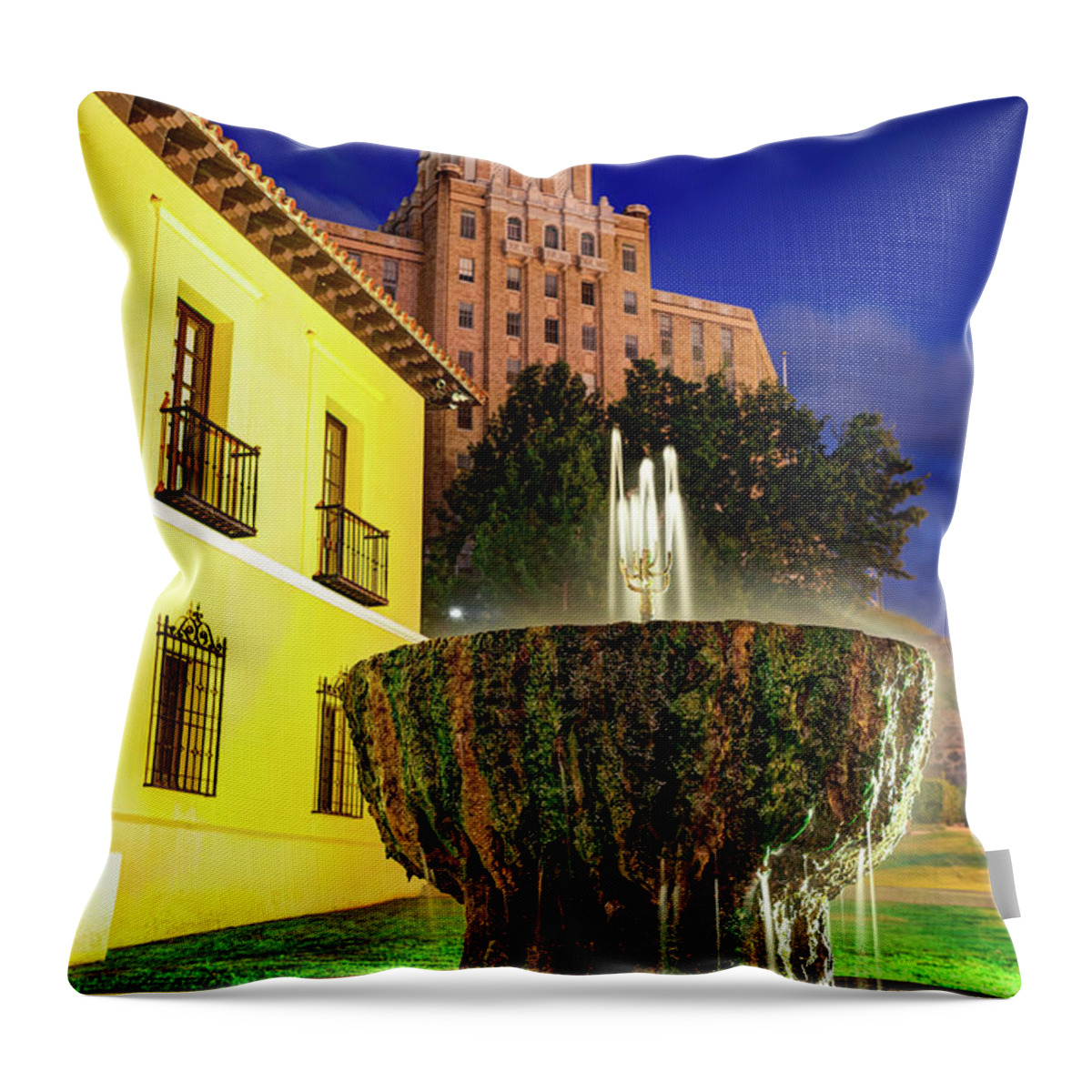 Hot Springs Throw Pillow featuring the photograph Hot Springs Fountain and Old Military Hospital at Dusk by Gregory Ballos