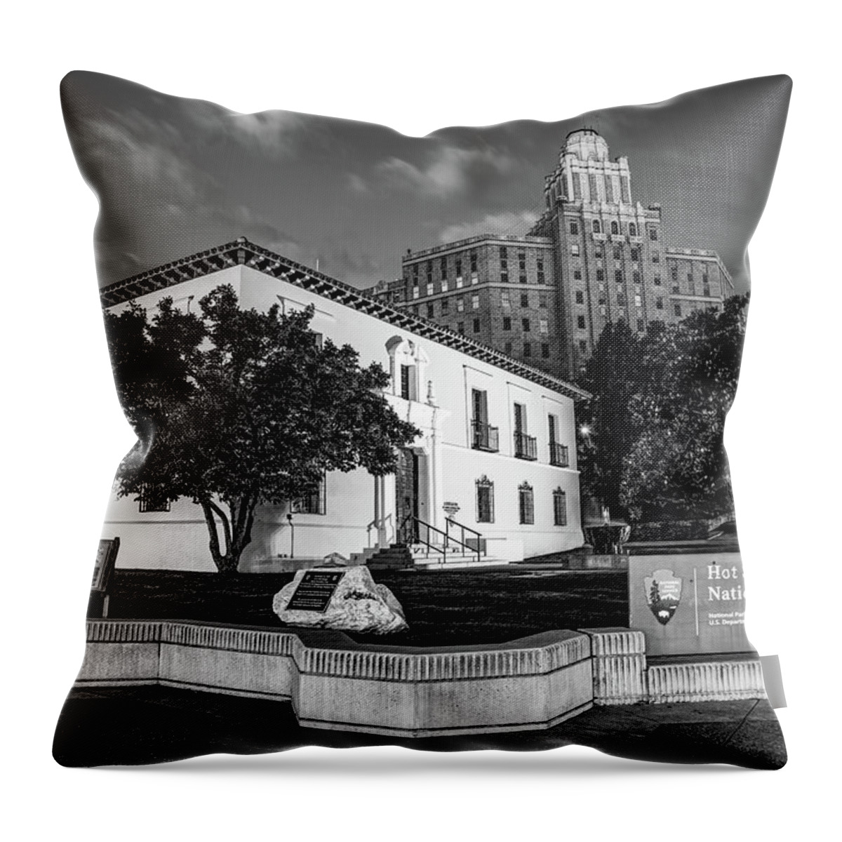 Hot Springs Throw Pillow featuring the photograph Hot Springs National Park and Army-Navy Hospital Along Bathhouse Row - Black and White by Gregory Ballos