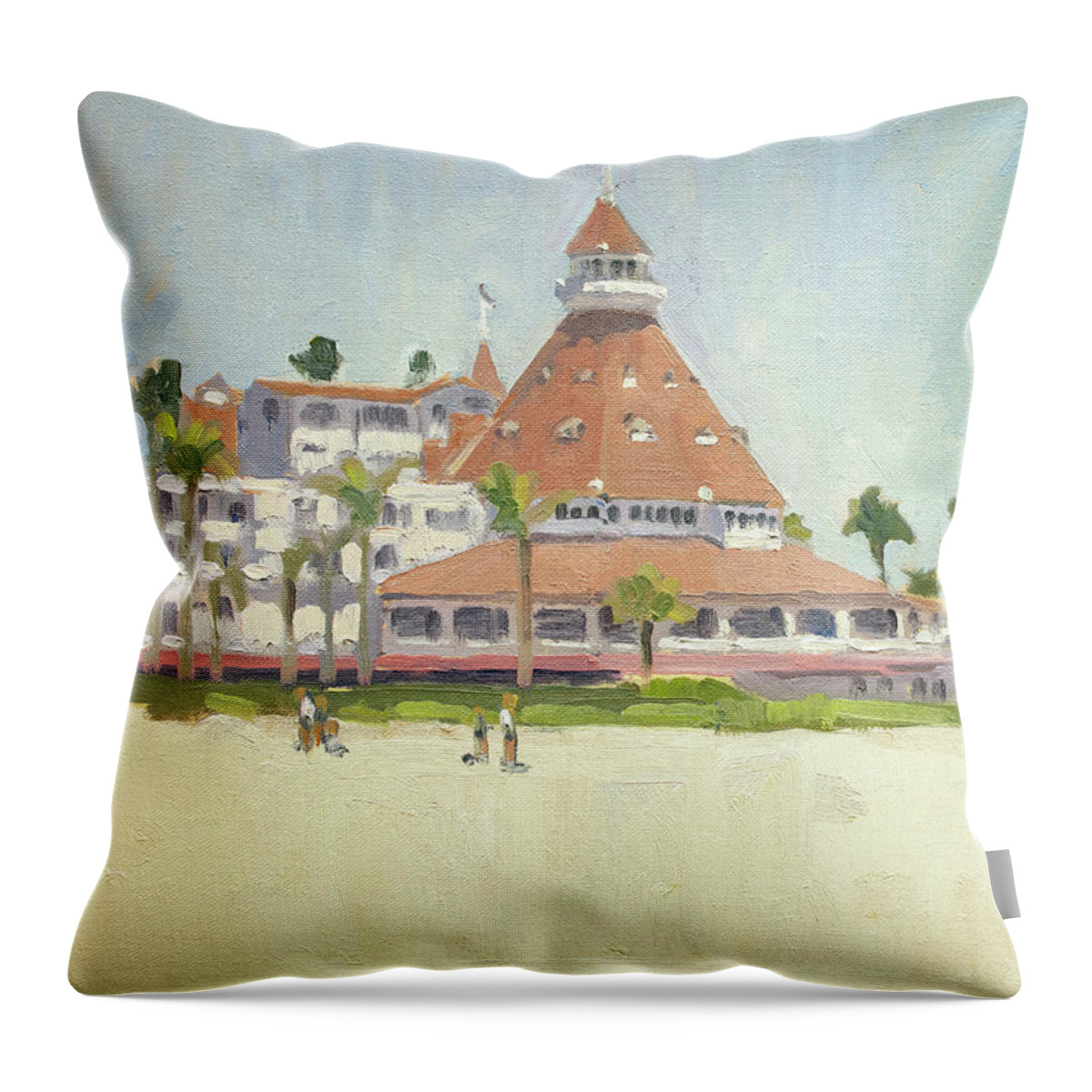 Hotel Del Coronado Throw Pillow featuring the painting Hotel Del Coronado Beach - Coronado, San Diego, California by Paul Strahm