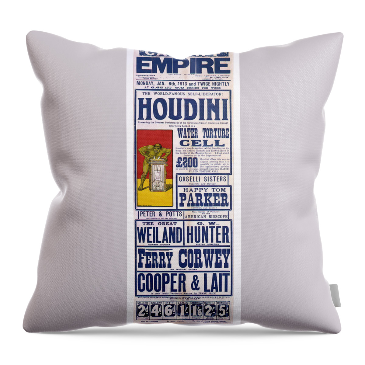 1913 Throw Pillow featuring the drawing Houdini Poster Ad by Granger
