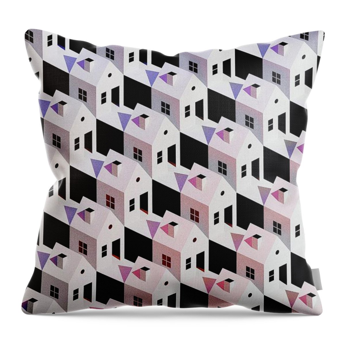 An Escheresque Isometric Pattern Of Stylized Houses Throw Pillow featuring the digital art Houndstoothsville by Bespoke Cube