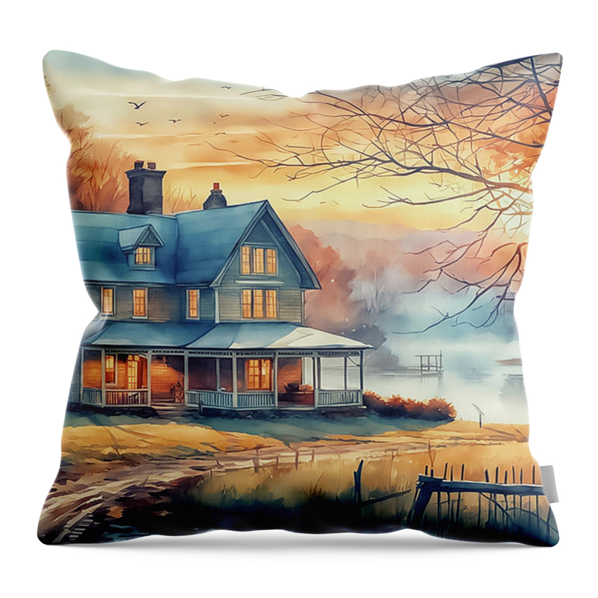 House Throw Pillow featuring the digital art House in the mist by Manjik Pictures