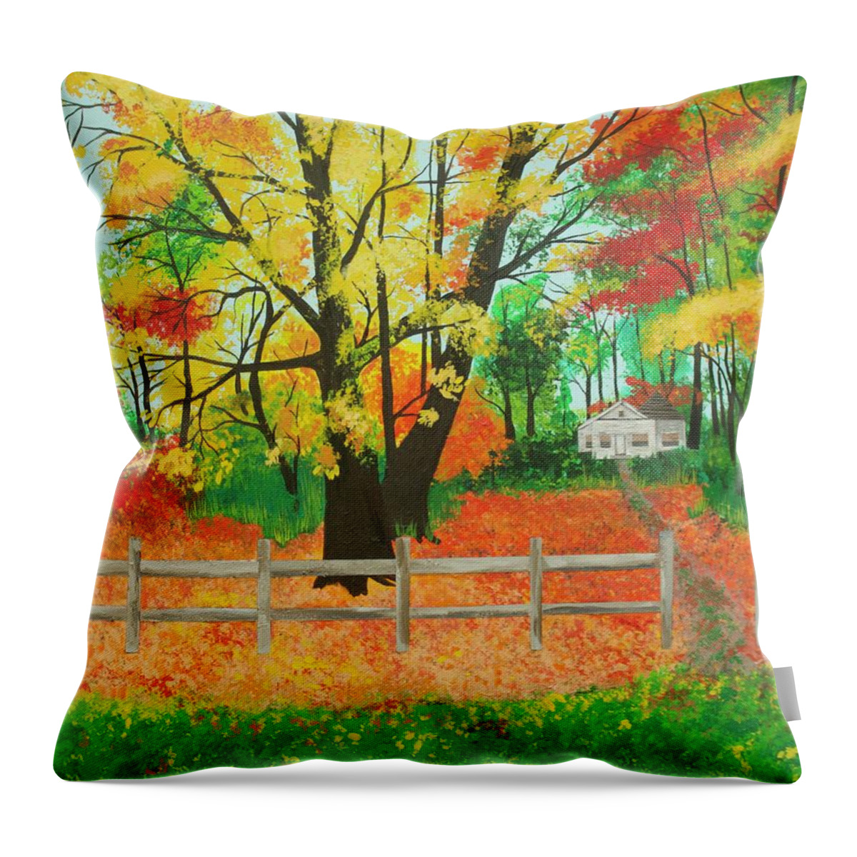 Autumn Throw Pillow featuring the painting House In The Woods by Rollin Kocsis