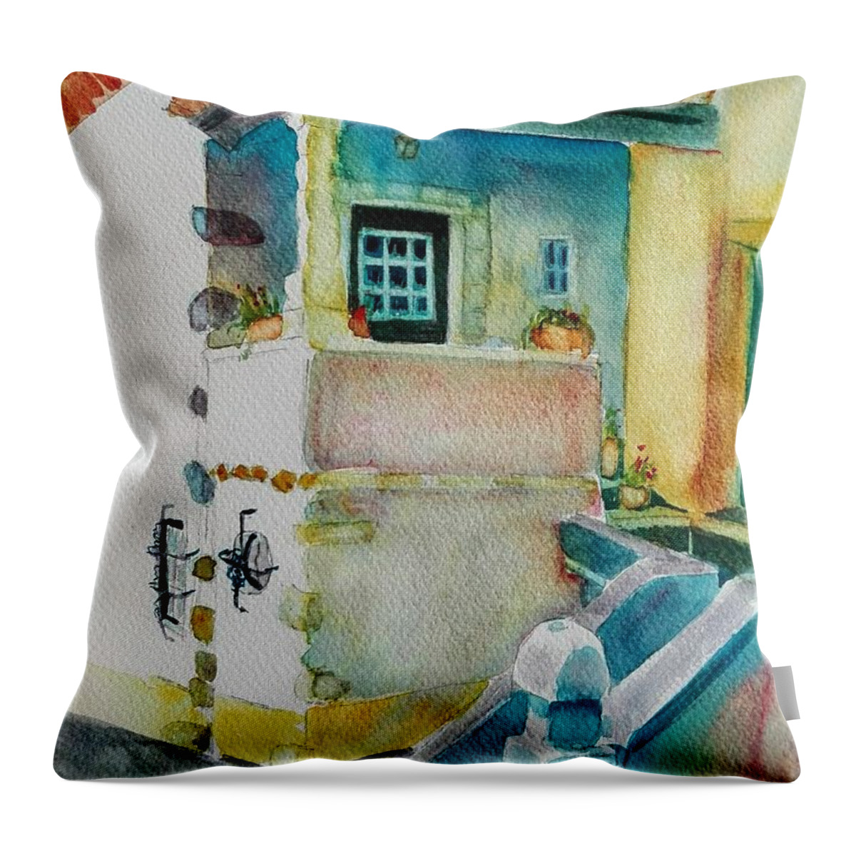 Obidos Throw Pillow featuring the painting House Obidos by Sandie Croft
