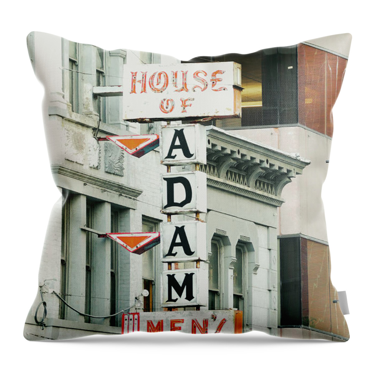 House Of Adam Throw Pillow featuring the photograph House of Adam Men's Wear Sign by Bentley Davis