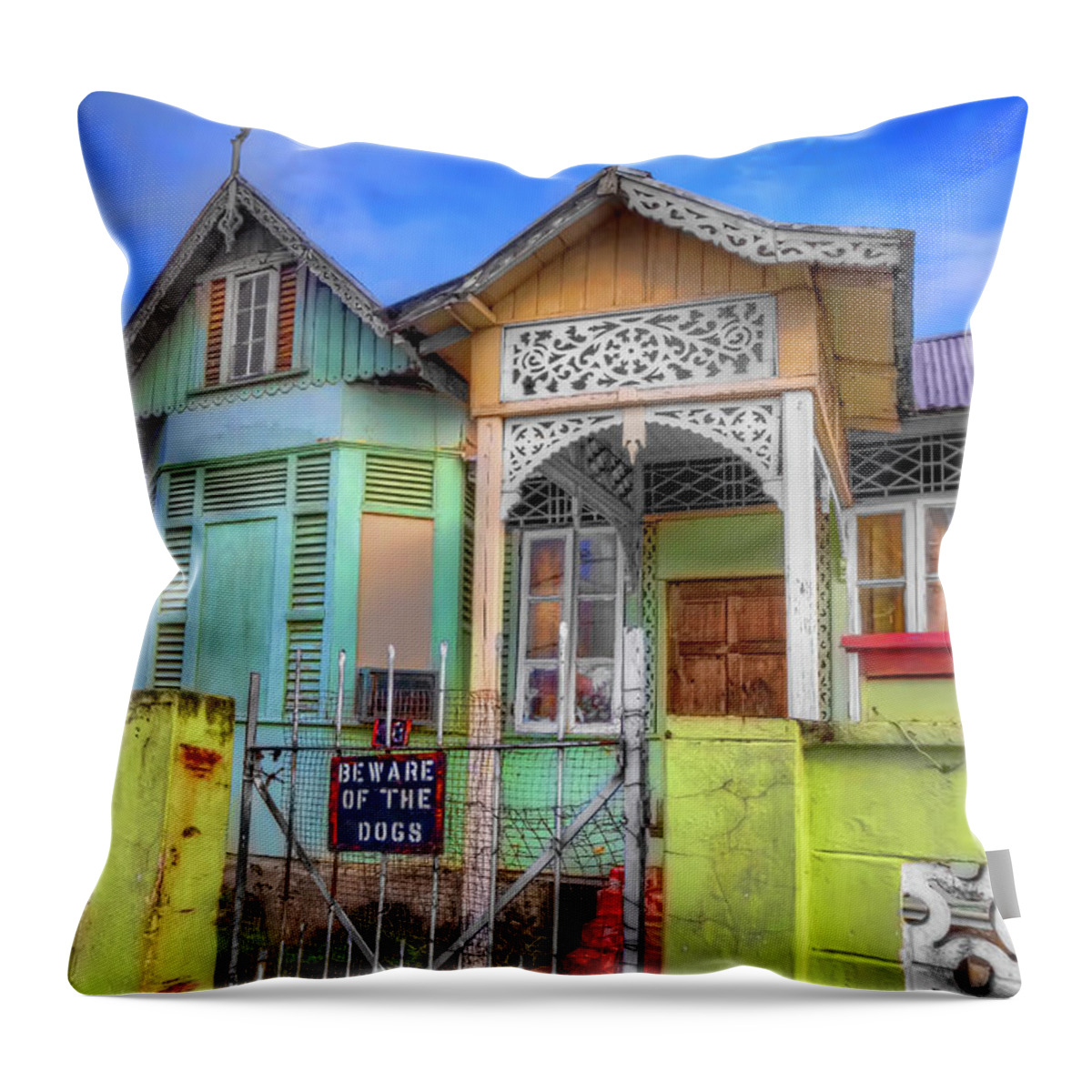 Colorful House Throw Pillow featuring the painting House Of Colors by Nadia Sanowar