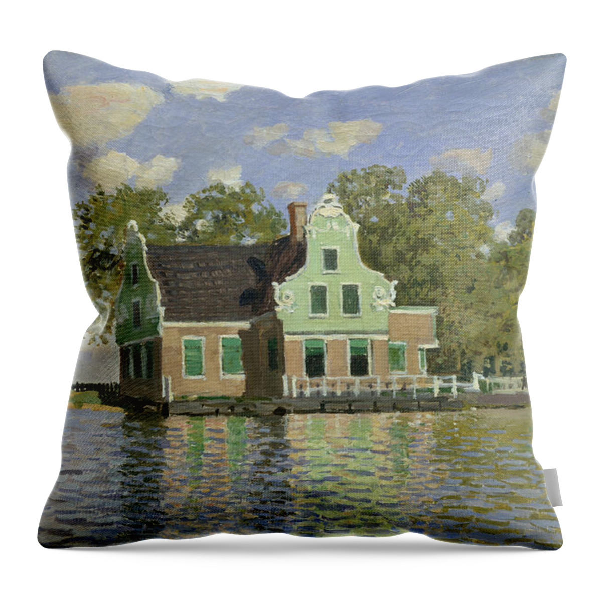 Houses Throw Pillow featuring the painting Houses by the Bank of the River, from 1871 by Claude Monet