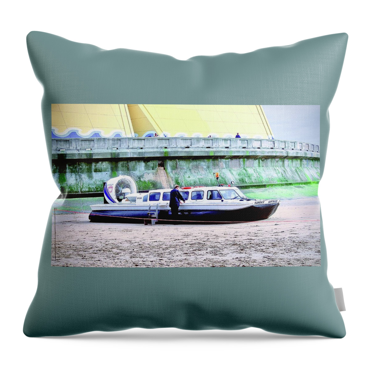 Hovercraft Throw Pillow featuring the photograph Hovercraft on Blackpool Seafront by Gordon James