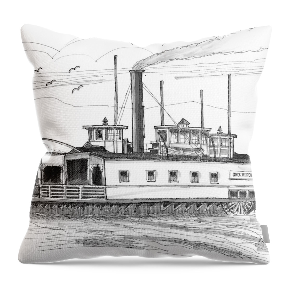 Geo H Powers Throw Pillow featuring the drawing Hudson River Steam Ferry Boat Geo H Powers by Richard Wambach