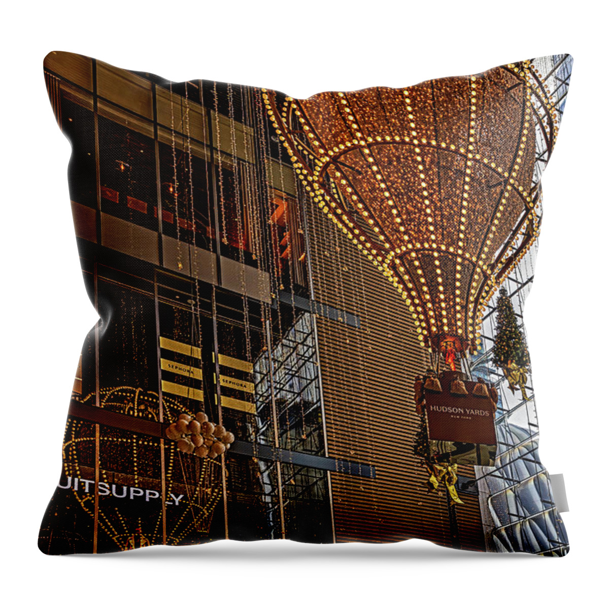 Nyc Throw Pillow featuring the photograph Hudson Yards Shops Christmas V by Susan Candelario