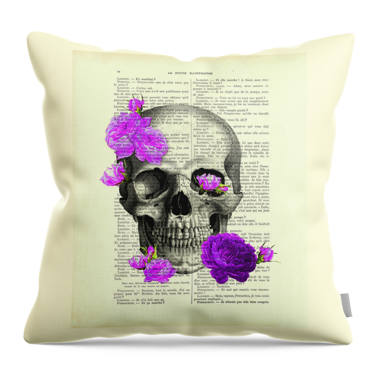 Skull Throw Pillow featuring the digital art Human Skull And Purple Roses by Madame Memento
