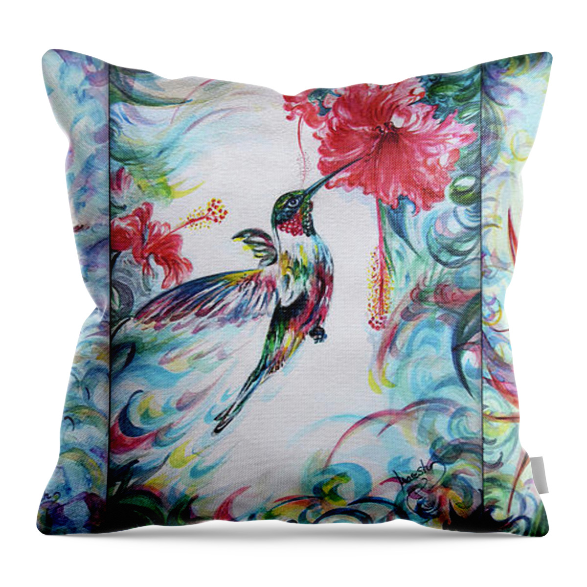 Hummingbird Throw Pillow featuring the painting Hummimgbirds - trio jewel in nature by Harsh Malik