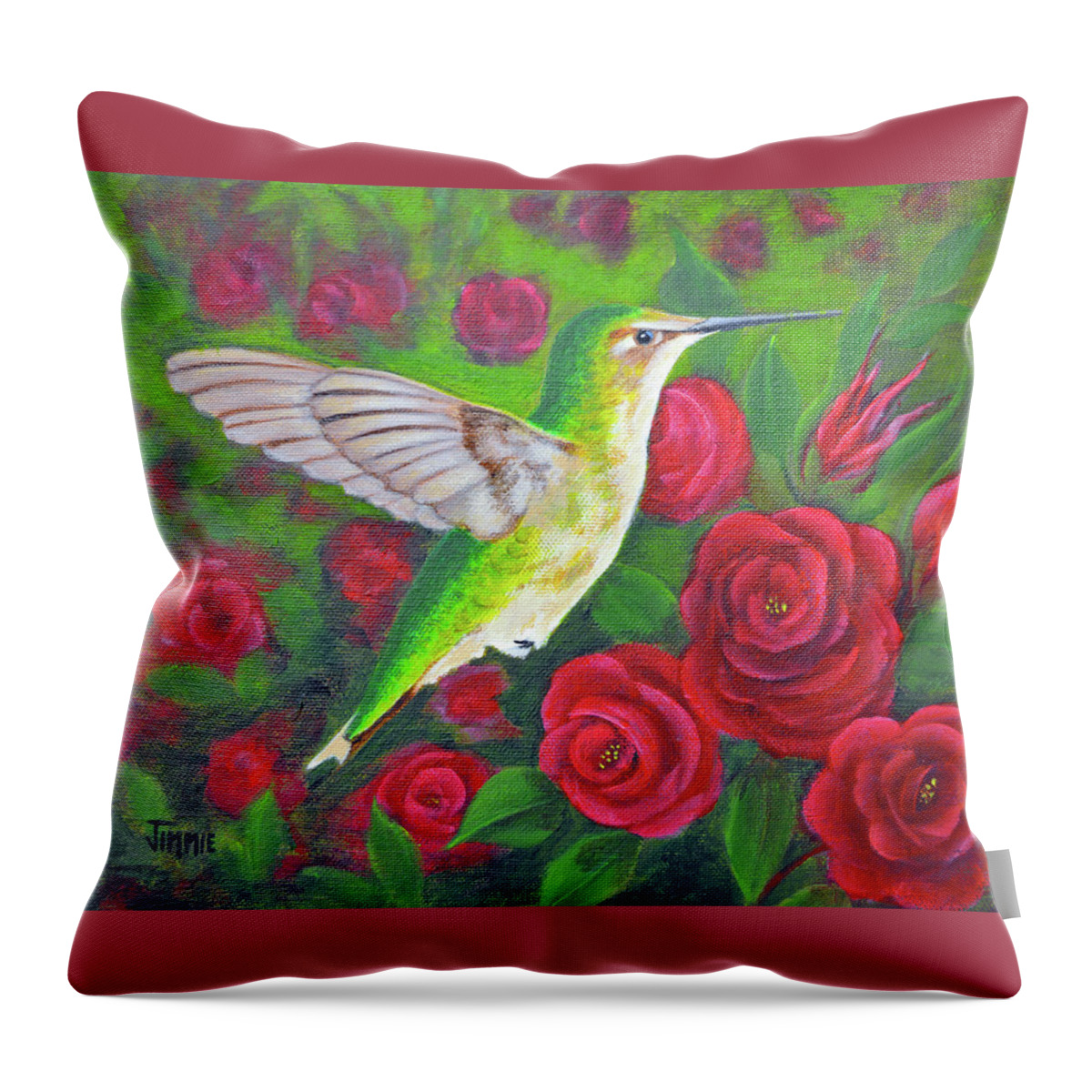 Hummingbird Throw Pillow featuring the painting Hummingbird and Roses by Jimmie Bartlett