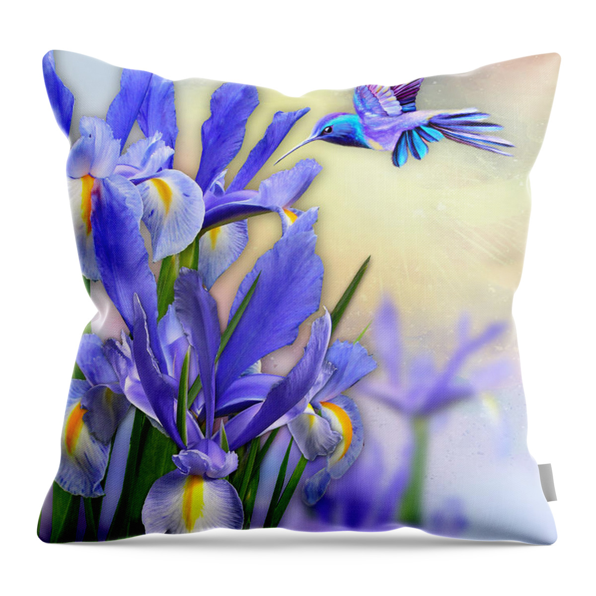 Hummingbird Throw Pillow featuring the digital art Hummingbird on Iris by Morag Bates