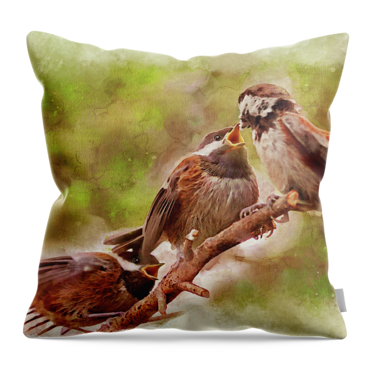 Chickadees Throw Pillow featuring the mixed media Hungry Baby Chickadees Watercolor by Peggy Collins
