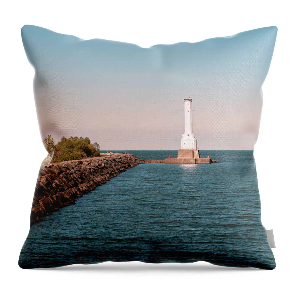 Huron Harbor Lighthouse Throw Pillow featuring the photograph Huron Harbor Lighthouse Blue Hour by Marianne Campolongo