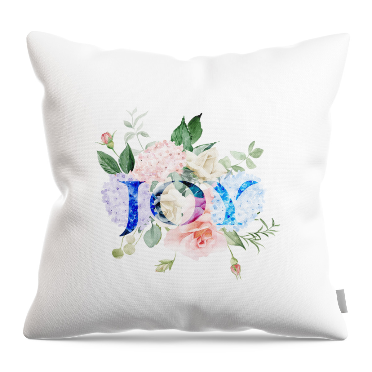 Hydrangea Flowers Throw Pillow featuring the painting Hydrangea Roses Flowers Joy Typography by Georgeta Blanaru