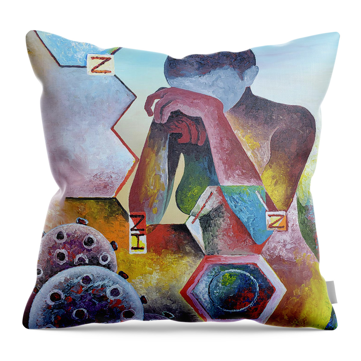 Covid-19 Throw Pillow featuring the painting Hydroxychloroquine - The Covid-19 Debacle by Obi-Tabot Tabe