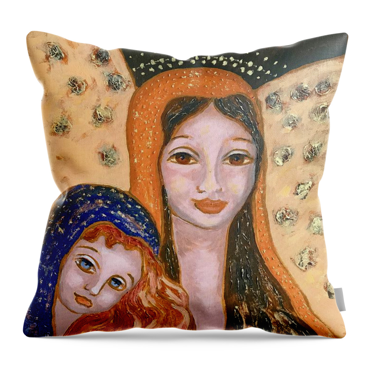 Angels Throw Pillow featuring the painting I am always protecting you by Monica Elena
