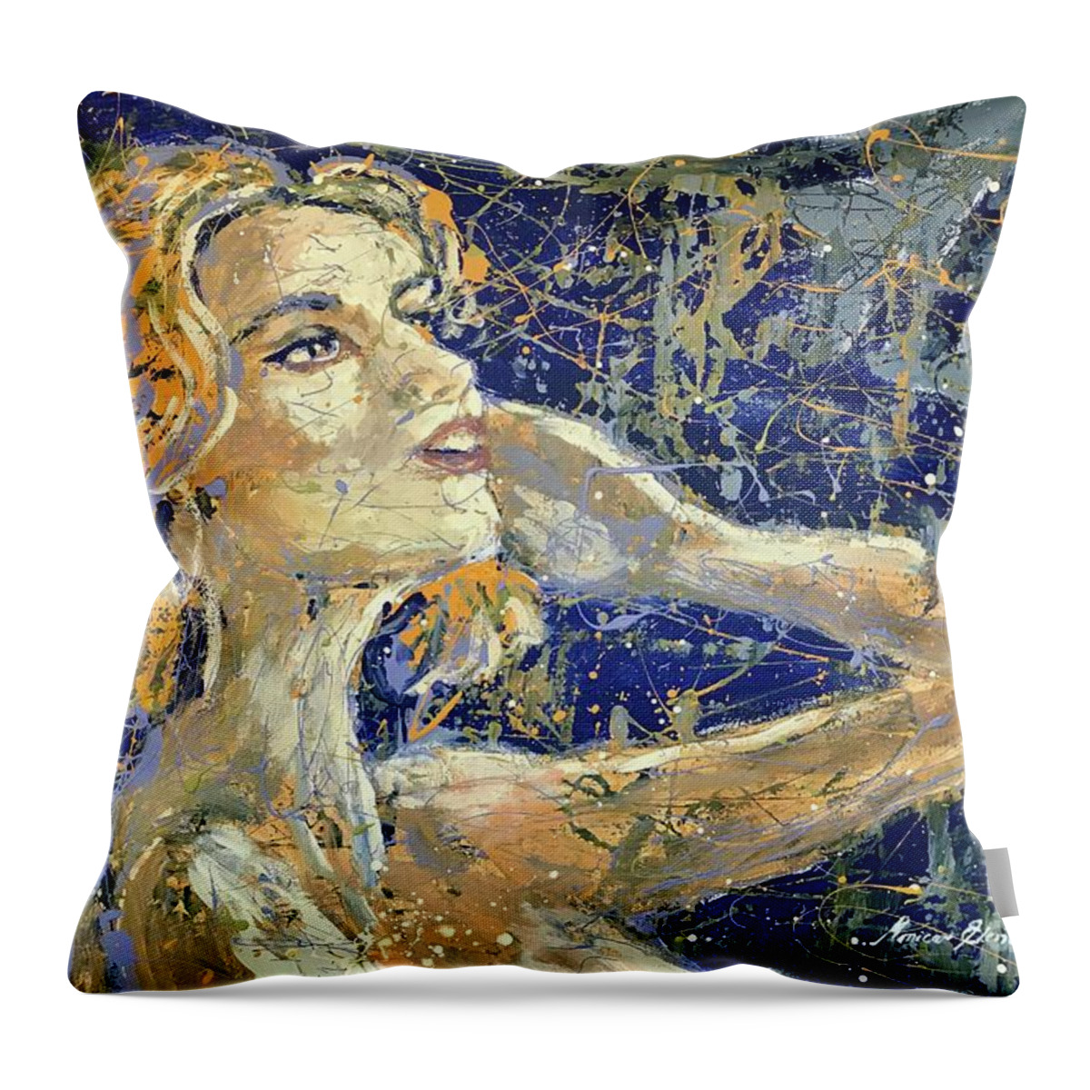 Angel Throw Pillow featuring the painting I am light by Monica Elena