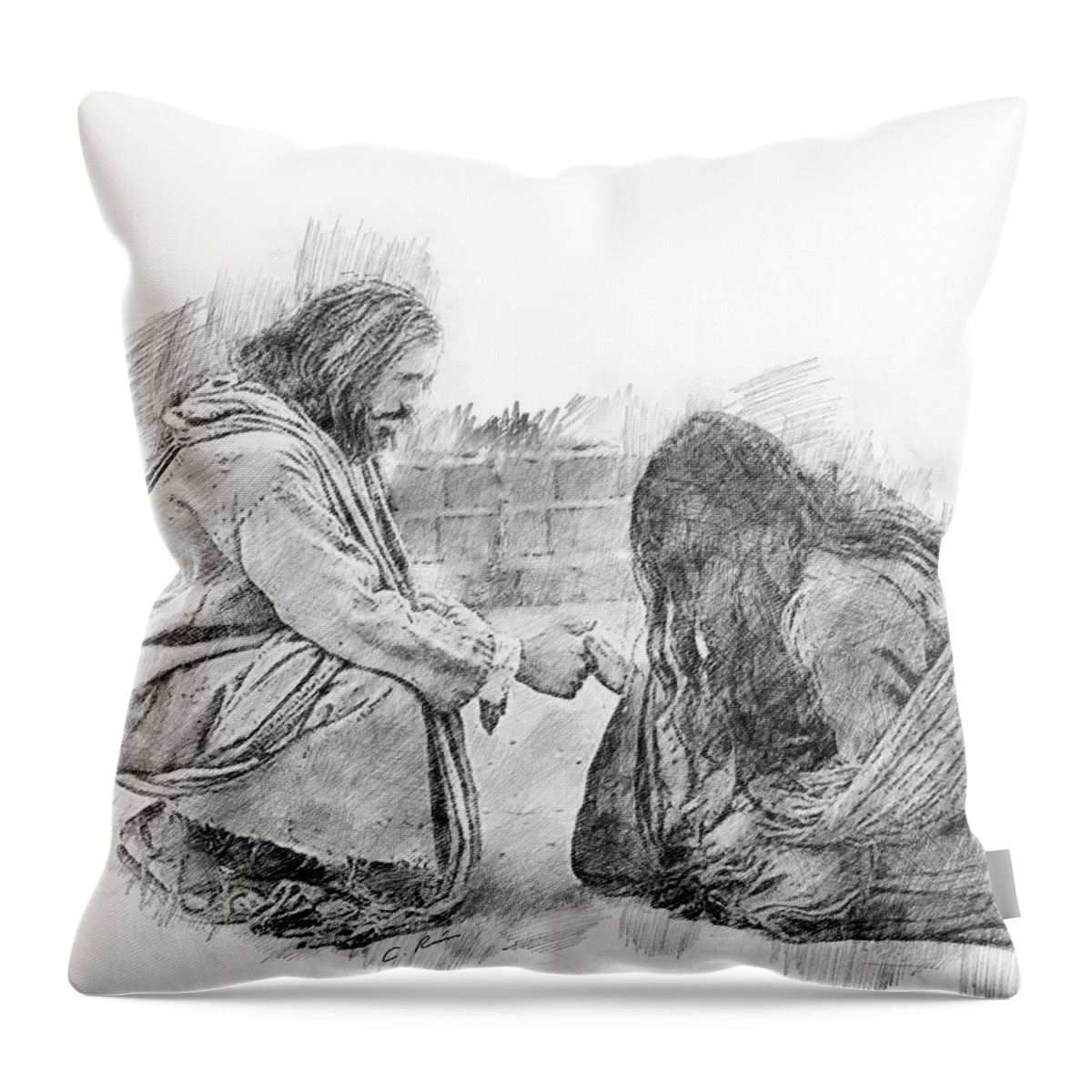 Mary Throw Pillow featuring the drawing I Forgive Your Sins by Charlie Roman