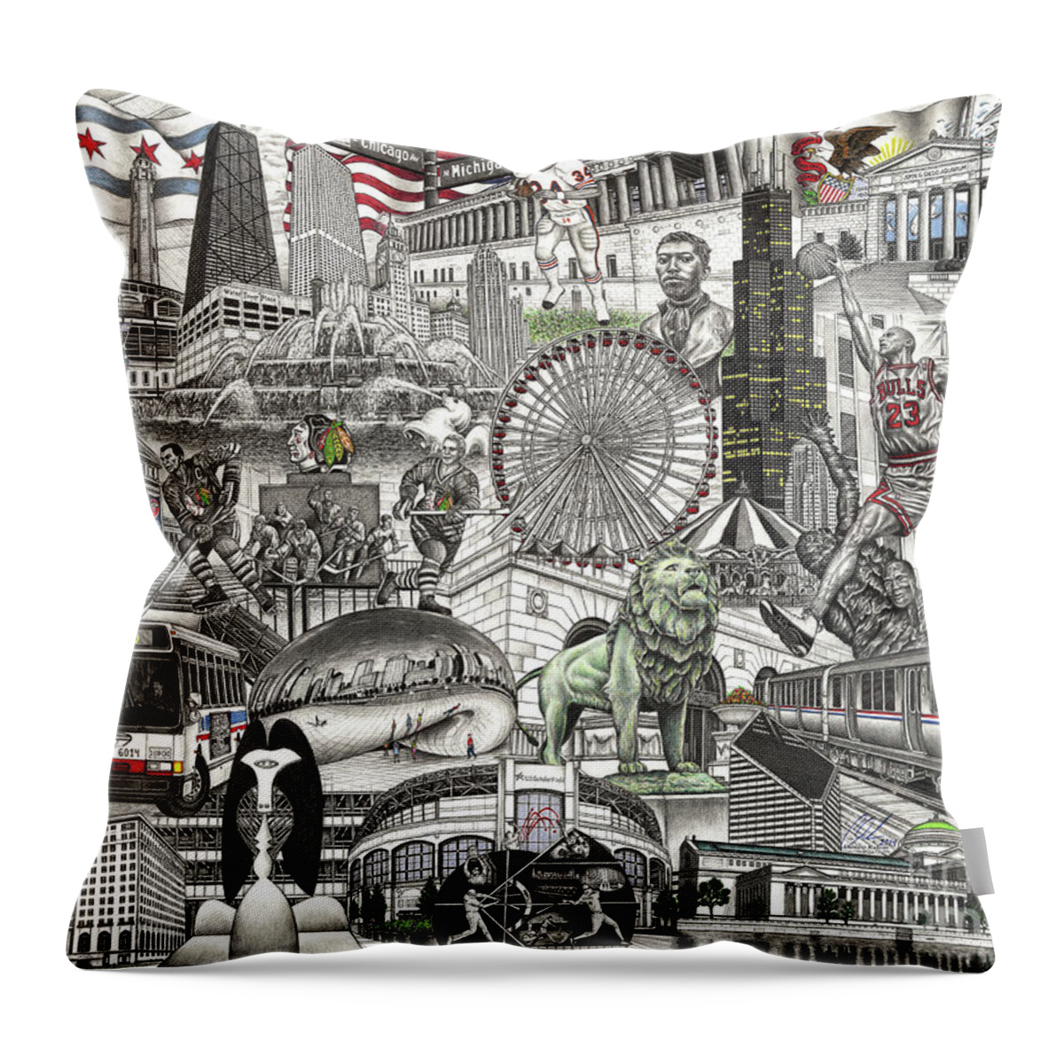Chicagoblackhawks Throw Pillow featuring the drawing I Love Chicago volume 2 by Omoro Rahim
