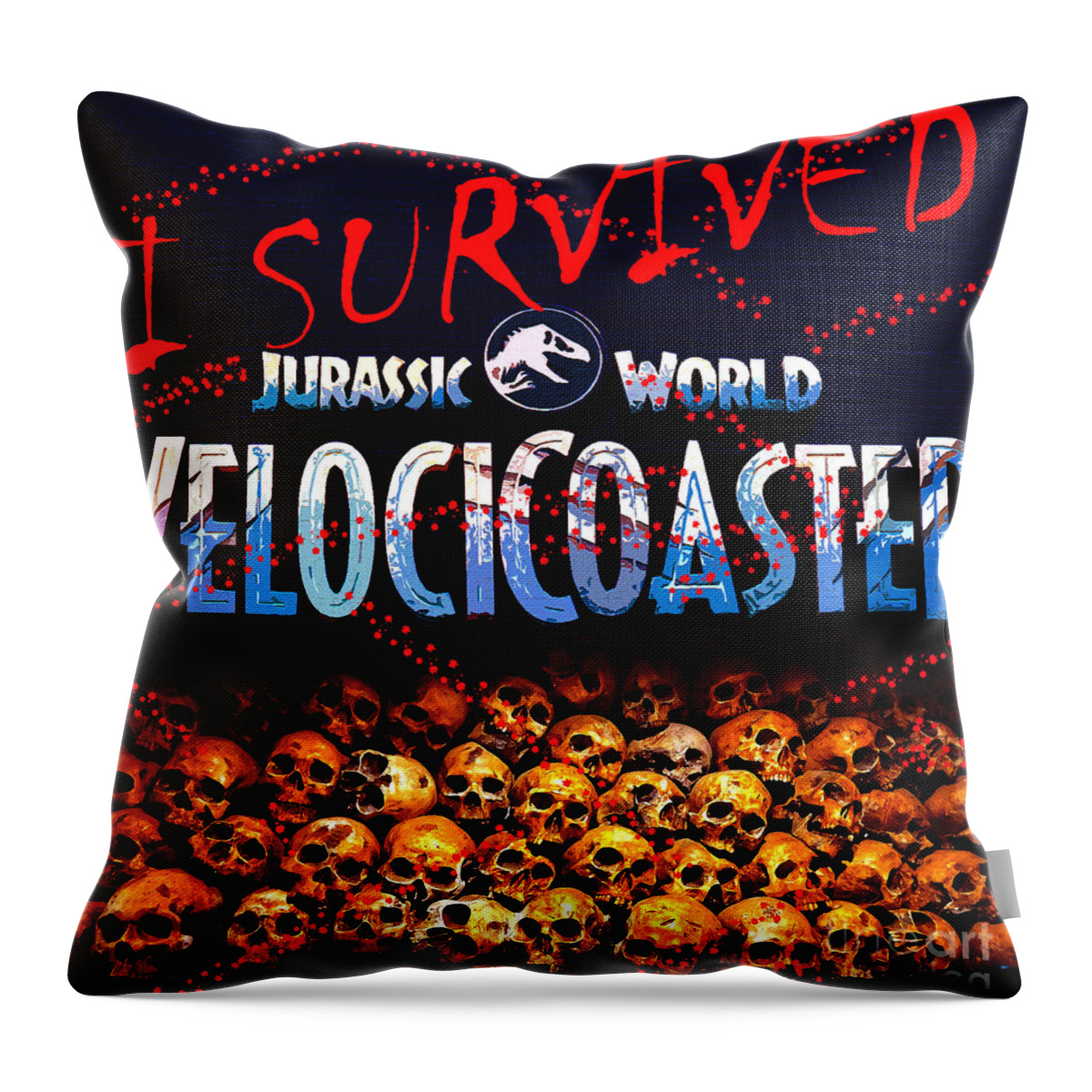  Universals Islands Of Adventure Throw Pillow featuring the mixed media I survived the Velocicoaster by David Lee Thompson